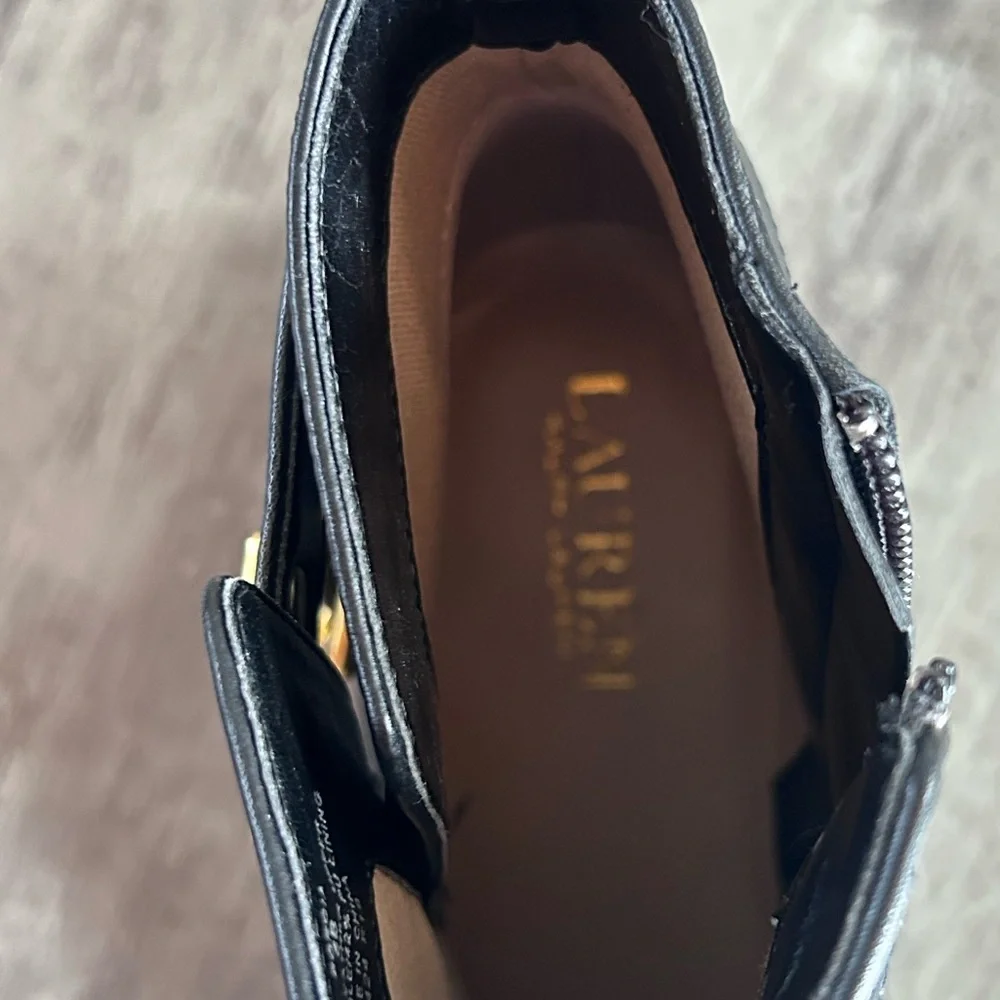 Ralph Lauren Borgia Black Leather Ankle Boots 8B Gold Buckle Classic Timeless